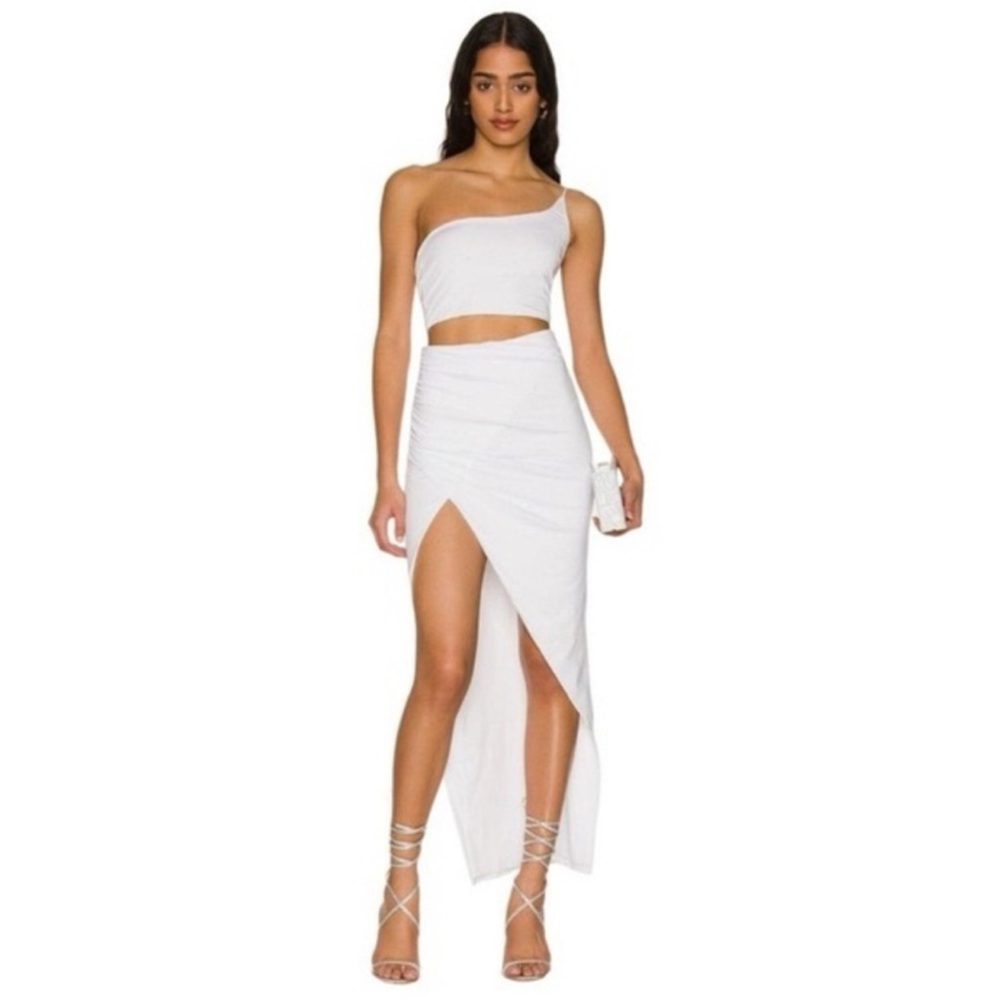 superdown White One-Shoulder Crop Top & High-Slit Skirt Set